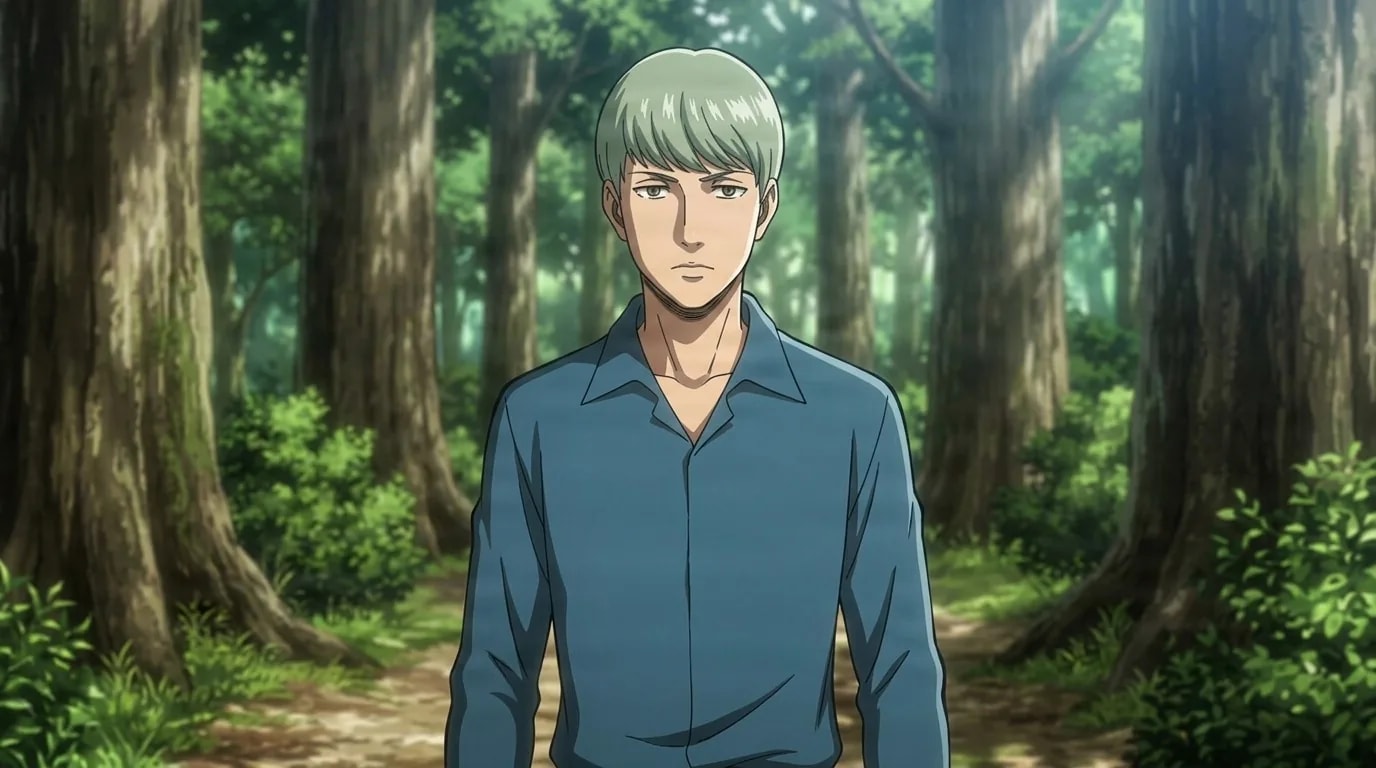 Boris Feulner in an open-collar blue shirt, standing with a level gaze on a sunlit forest path