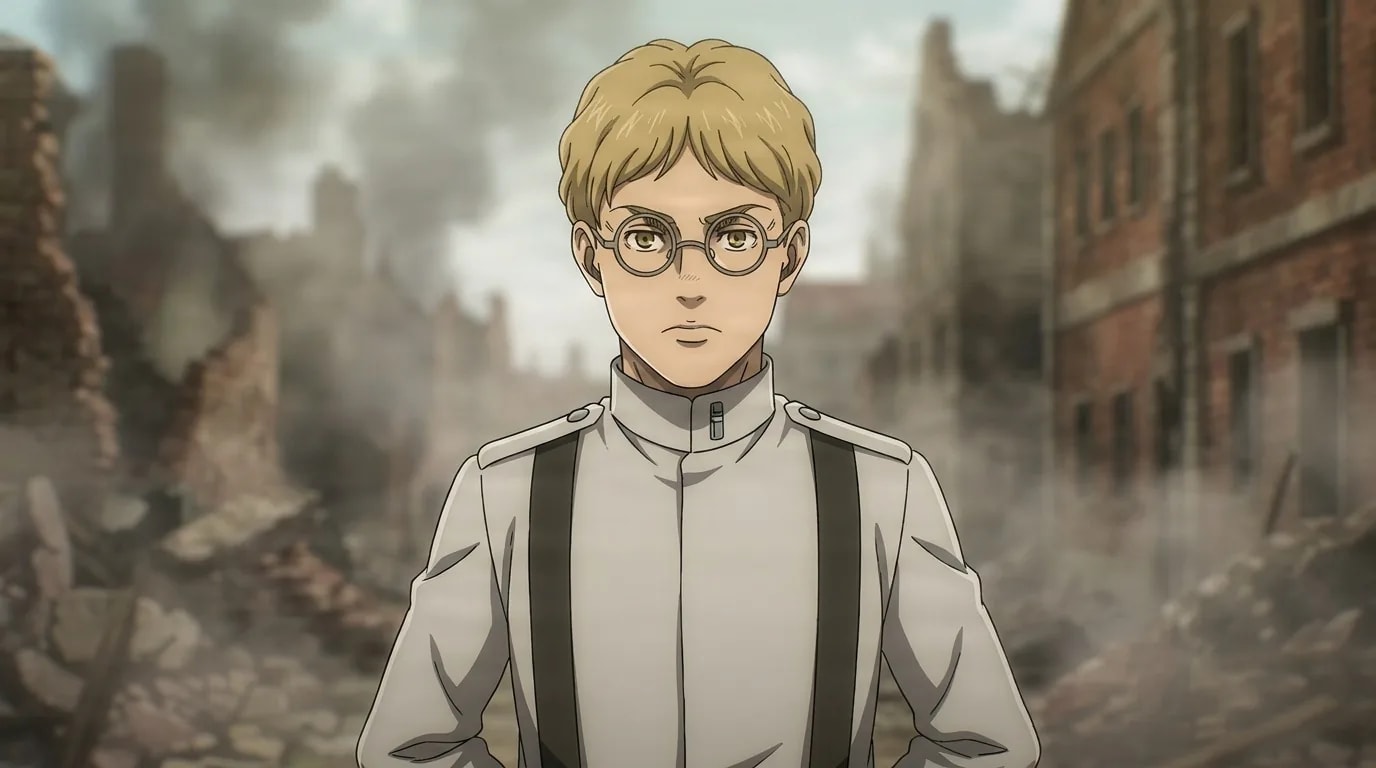 Carlo standing in a smoking ruined street, blond with round glasses and a pale grey military jacket worn over dark shoulder straps.