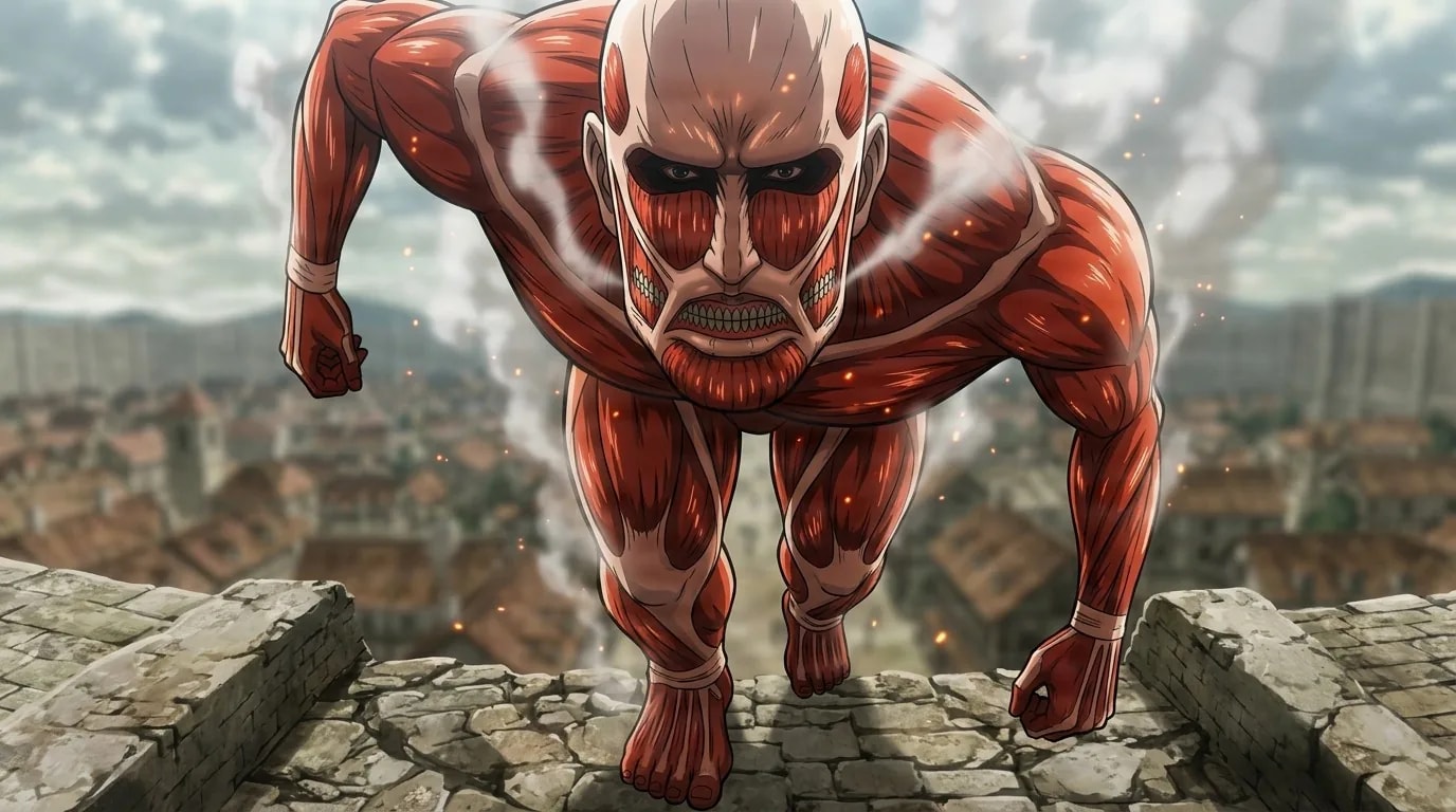 The Colossus Titan crouching on a stone wall above a burning town, exposed red muscle, teeth bared, steam rising.