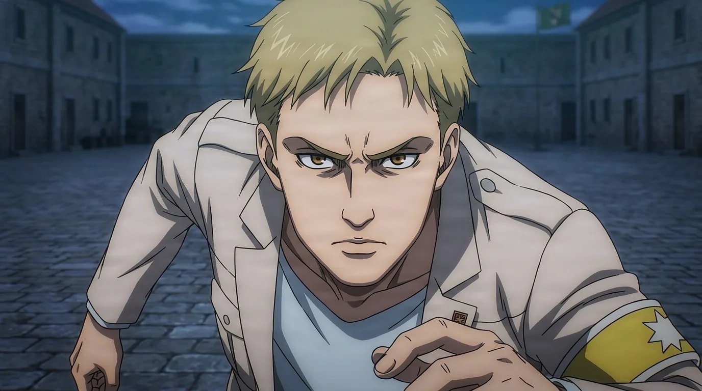 Colt Grice leaning forward with a hard scowl, blond hair and Marleyan white jacket with a yellow armband, night courtyard behind him