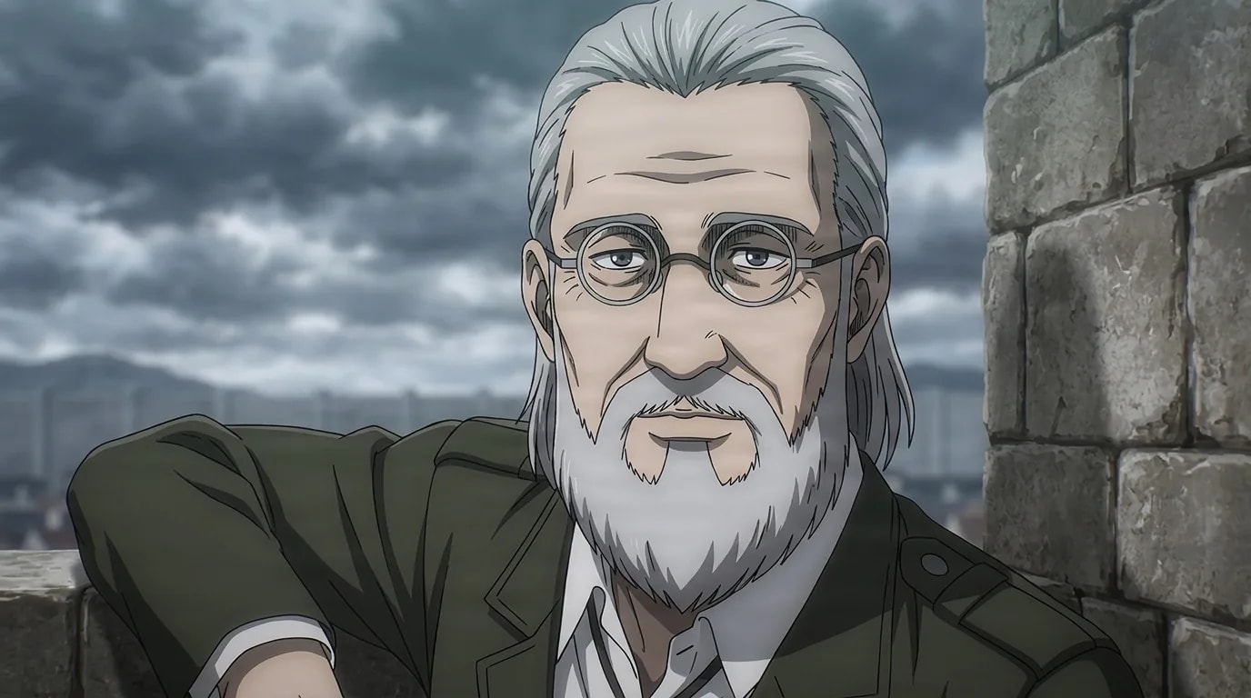 Darius Zackly leaning on a stone parapet, round spectacles, swept-back white hair and full grey beard, olive uniform under storm clouds