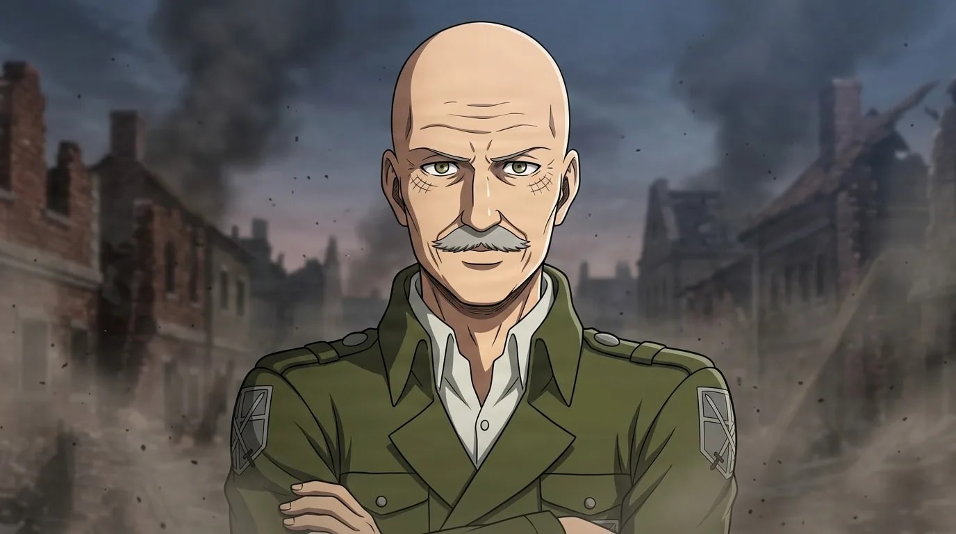 Dot Pixis, a bald older man with a grey mustache in a green military uniform, stands with arms crossed before a ruined smoking town.