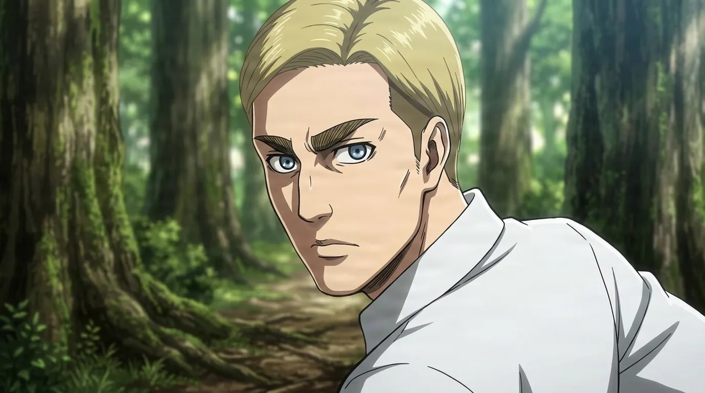 Erwin Smith, a blond man with thick eyebrows in a white shirt, glances over his shoulder on a sunlit forest path.
