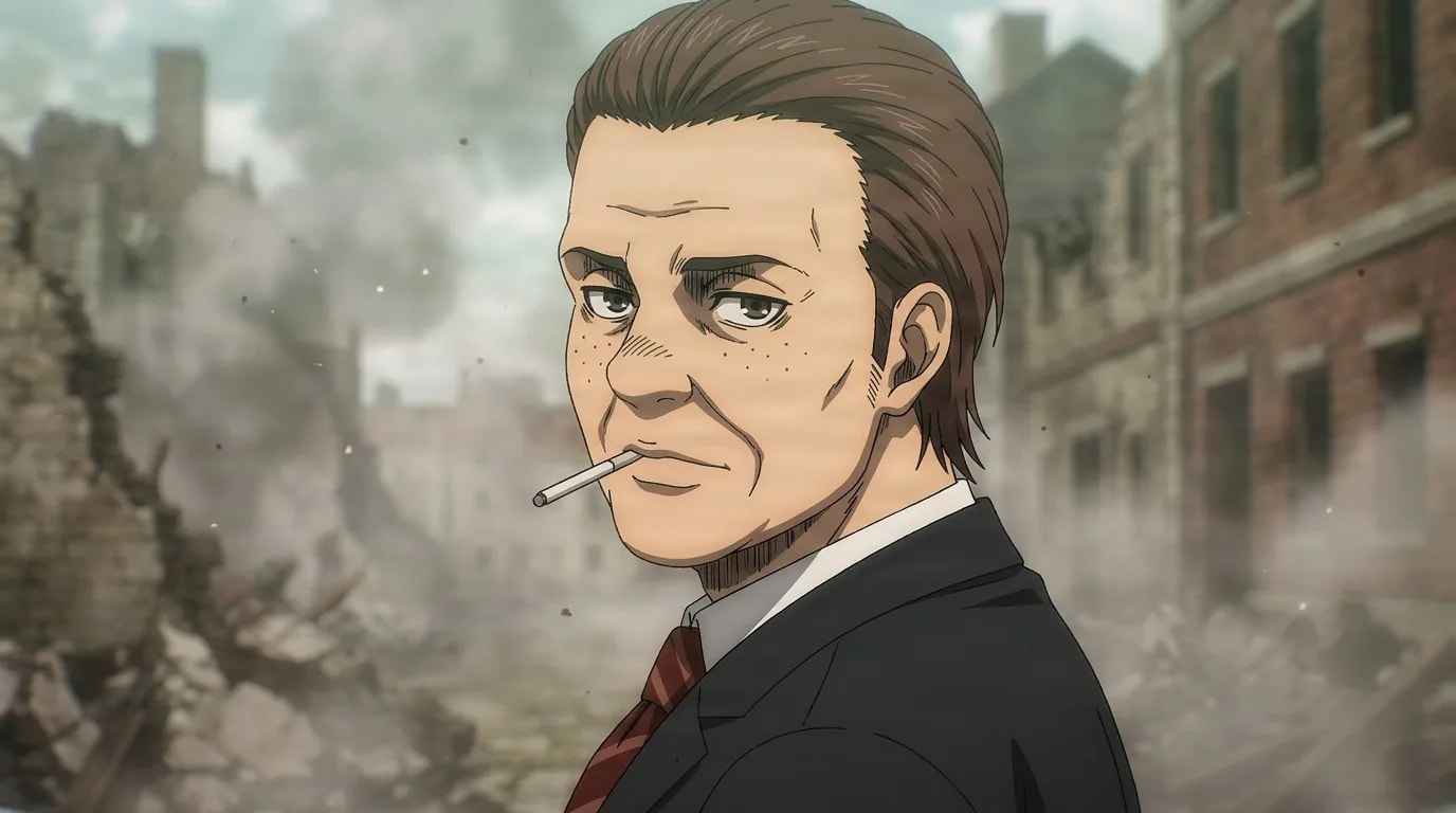 Flegel Reeves with slicked-back brown hair and a cigarette in his mouth, wearing a dark suit and striped tie among smoking ruins