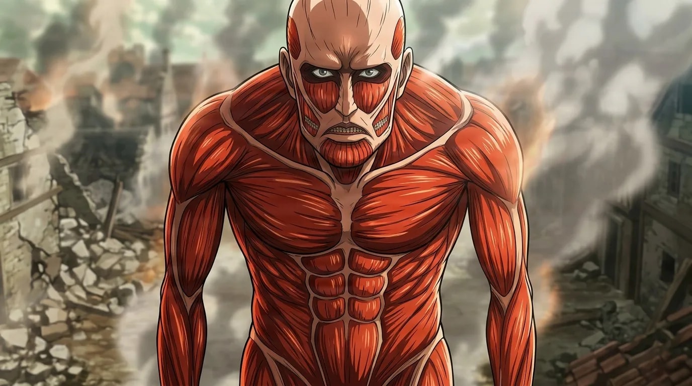 The Founding Titan, a towering muscular humanoid with bare skin and exposed red muscle around the eyes, stands amid a ruined town.