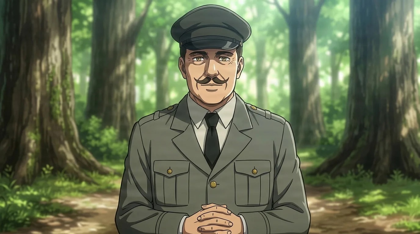グレーの軍服、軍帽、濃い口髭を身につけ、日の当たる森で手を組みながら微笑むグロス