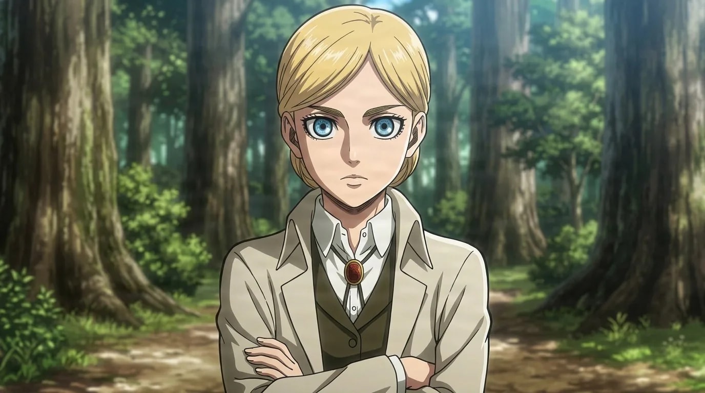 Historia Reiss standing with her arms crossed in a sunlit forest, blonde and blue eyed in a cream jacket over a vest and white shirt.