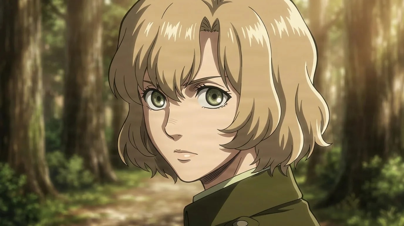 Hitch Dreyse, a young woman with wavy light-brown hair and green eyes, glances over her shoulder on a sunlit forest path.