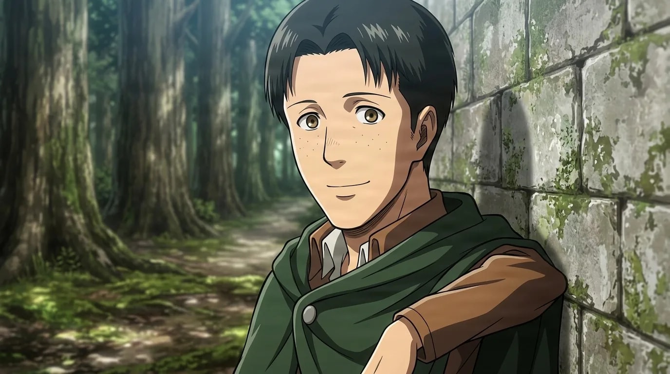 Marco Bott, a freckled young man in a green Survey Corps cloak, smiles softly while leaning against a mossy stone wall in a forest.