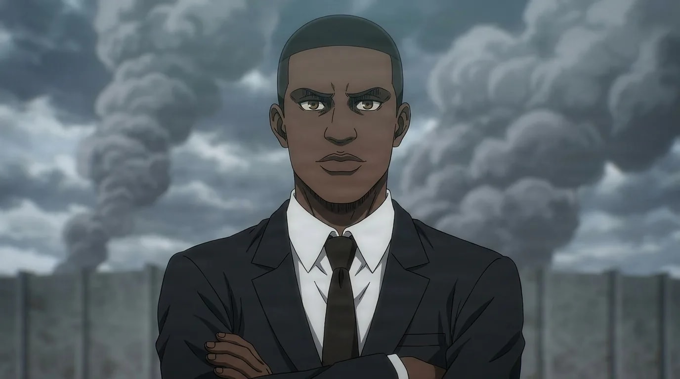 Onyankopon, a dark-skinned man with close-cropped hair in a black suit and tie, stands with arms crossed before a smoking wall.