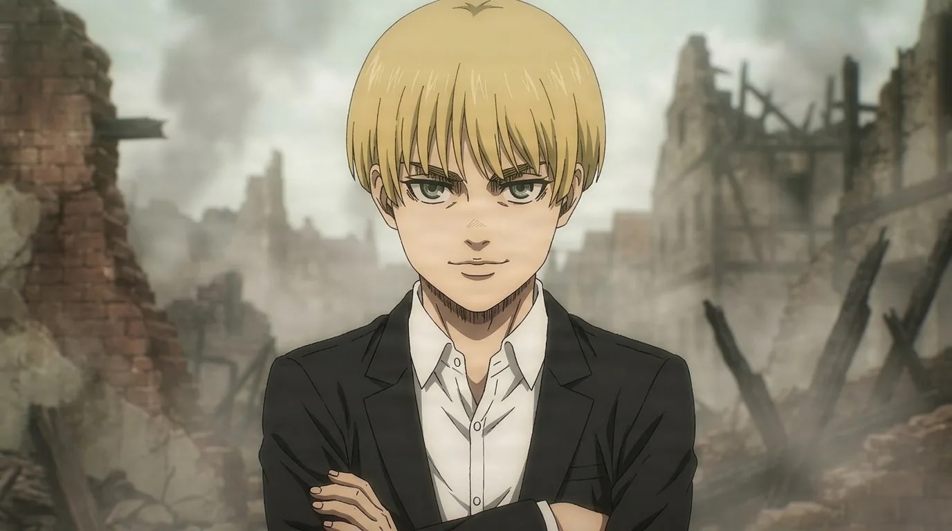 Yelena, a tall blonde with cropped hair in a black suit, stands with arms crossed amid the ruins of a war-torn town.