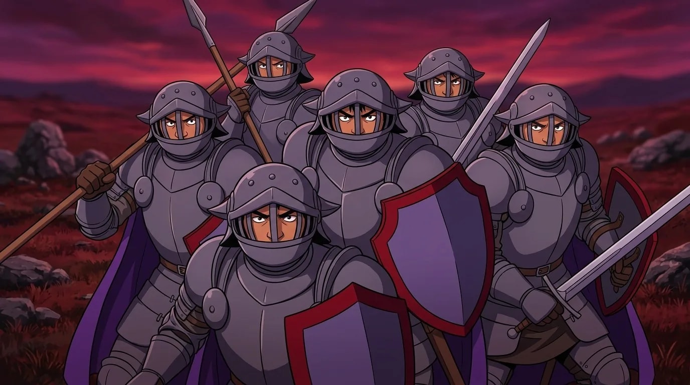 Blue Whale Knights massed in plate armor and visored helmets, purple capes and shields raised with spears and swords under a red dusk sky