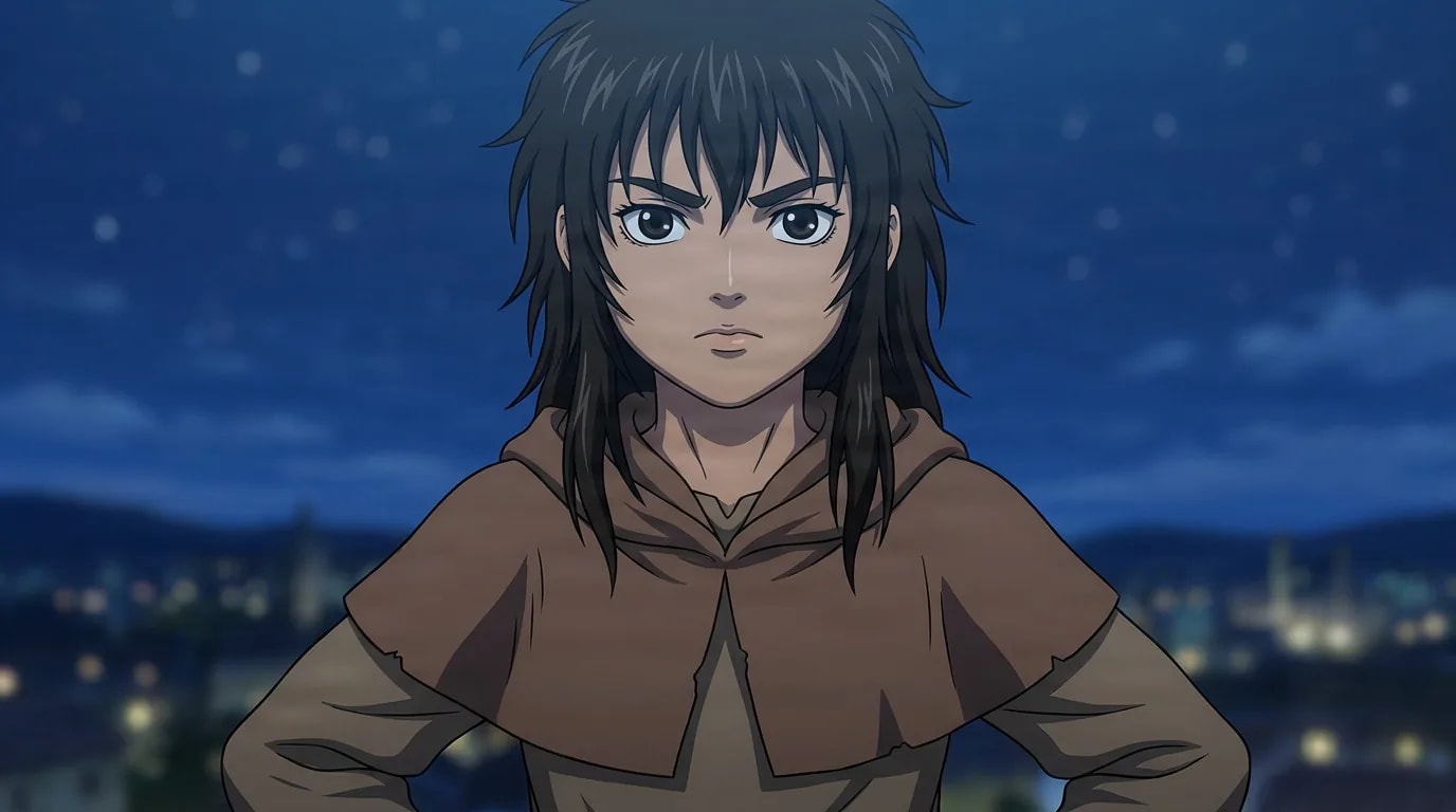 Casca, a dark-haired young woman in a brown hooded cloak, stands with hands on hips against a starry night sky over a town.