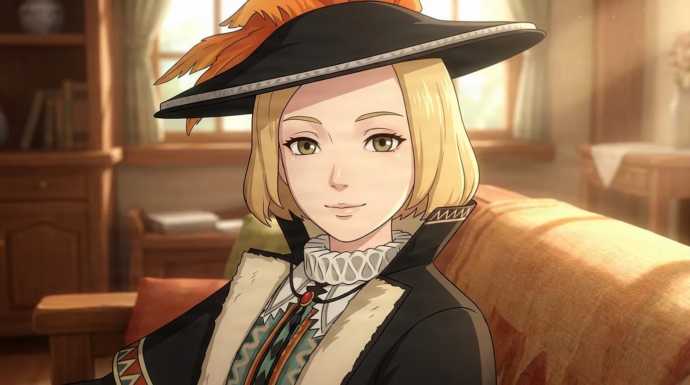 Charles, a blond young noble in a plumed black hat and fur-trimmed coat, sits smiling in a sunlit wooden room.