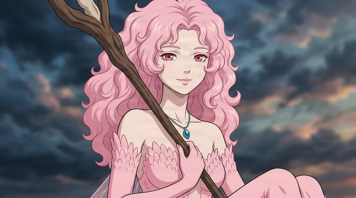 Flower Storm Monarch, a pink-haired woman with petal-scaled skin, holds a wooden staff against a stormy dusk sky.