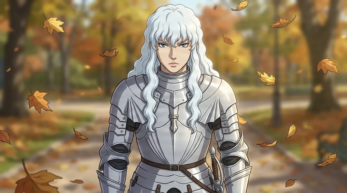 Griffith, a long white-haired warrior in gleaming silver plate armor, stands on an autumn path as leaves drift around him.