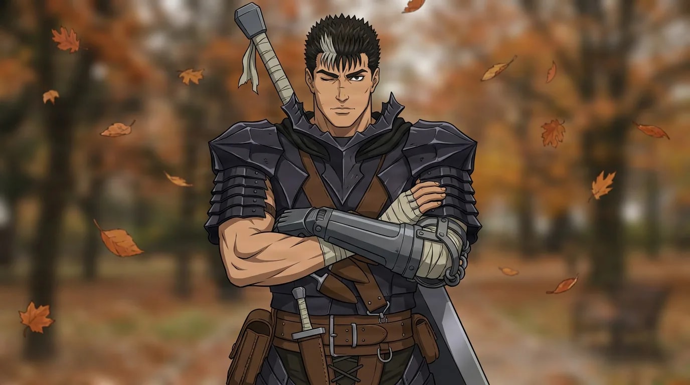 Guts, a muscular dark-haired swordsman in black plate armor with a huge sword on his back, stands with arms crossed among falling leaves.
