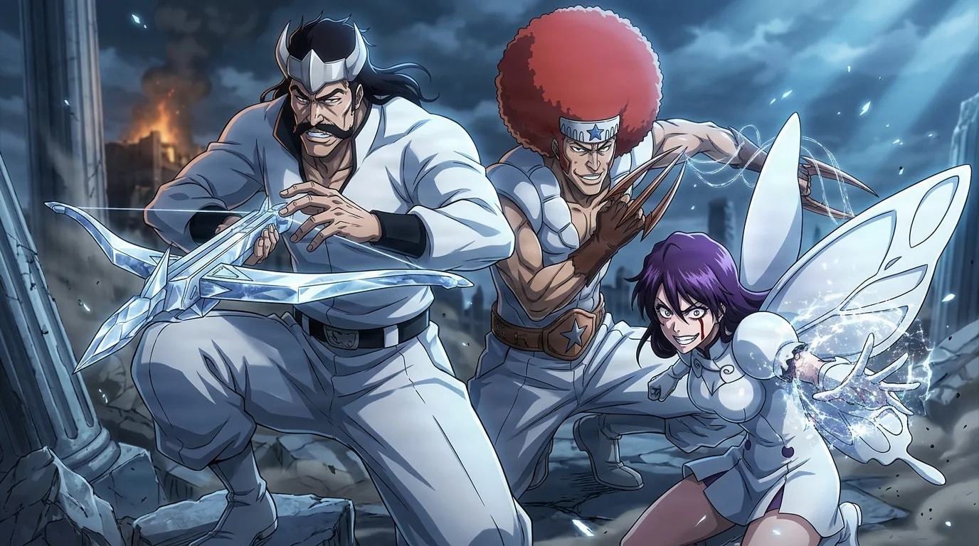 Espada from Bleach in a close-framed cel-shaded anime scene with a detailed environment