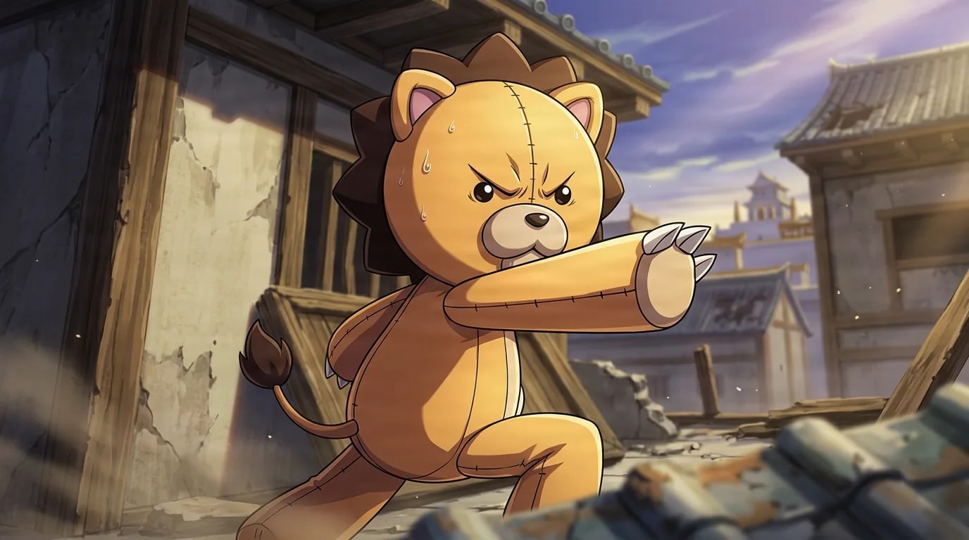 Kon from Bleach in a close-framed cel-shaded anime scene with a detailed environment
