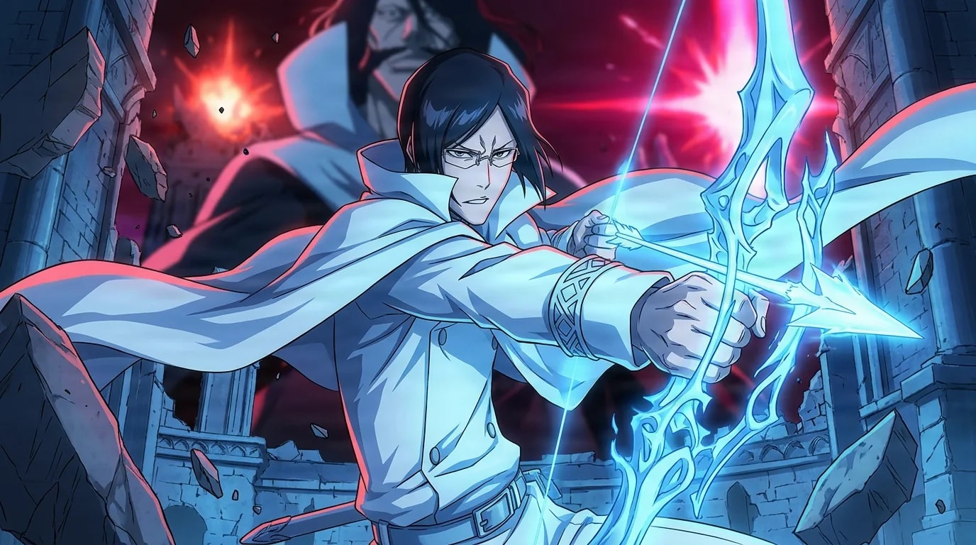 Quincy from Bleach in a close-framed cel-shaded anime scene with a detailed environment