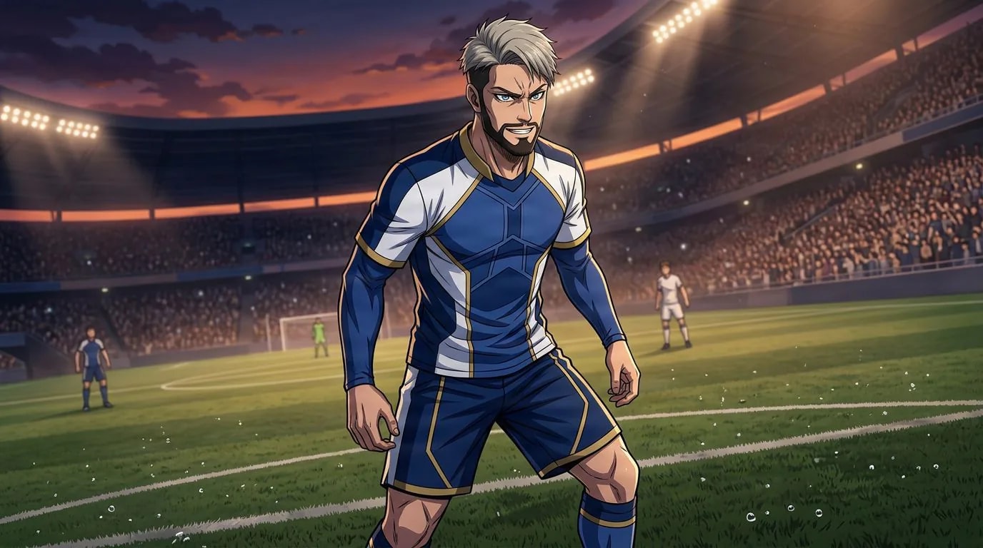 Anime-style portrait of Adam Blake from Blue Lock, cel-shaded, soccer atmosphere