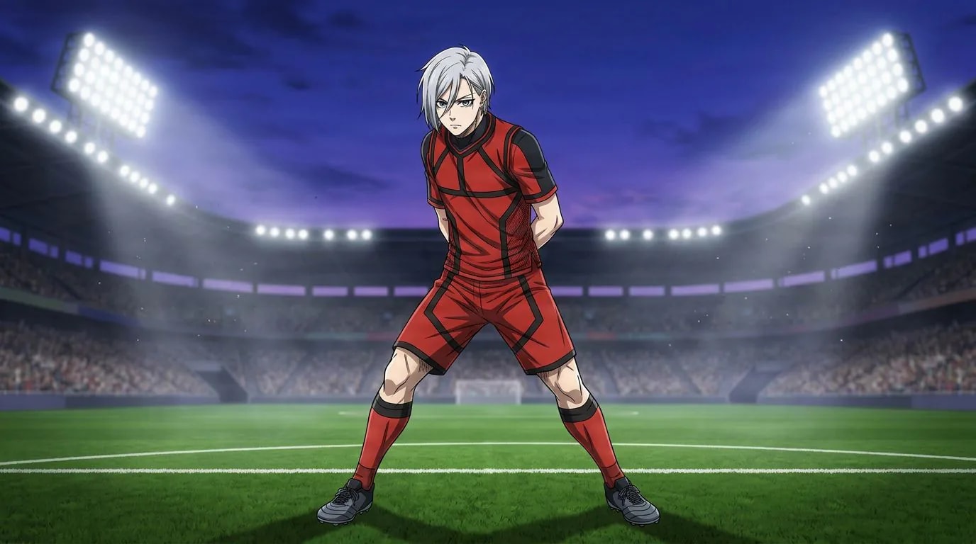 Anime-style portrait of Aiki Himizu from Blue Lock, cel-shaded, soccer atmosphere