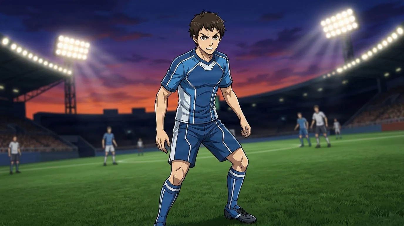 بورتريه بأسلوب الأنمي لشخصية Atsuto Tereasa من بلو لوك، بتظليل خلوي، بأجواء كرة القدم