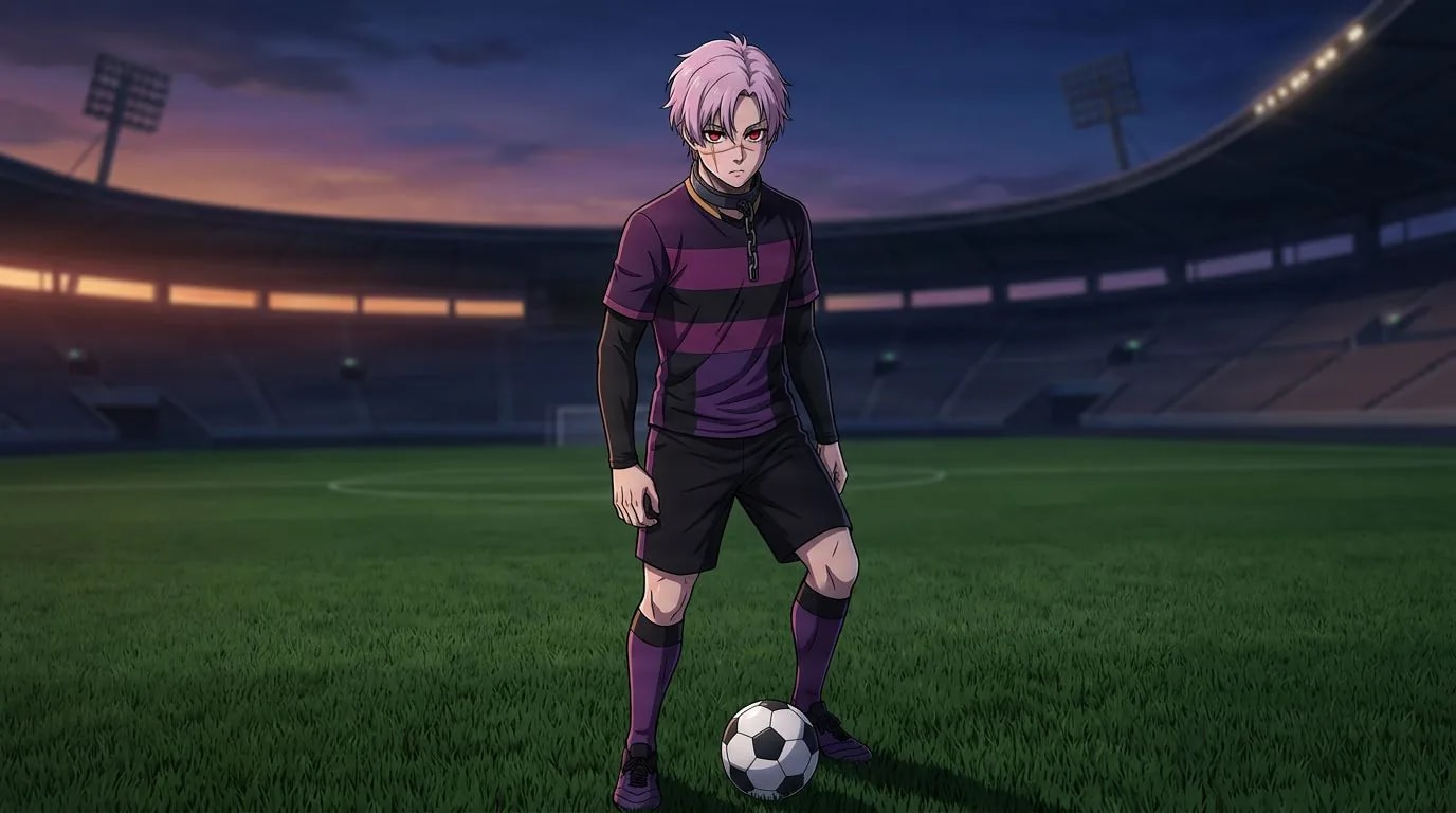 Bunny Iglesias, de Blue Lock, en portrait de style anime cel-shading, ambiance football