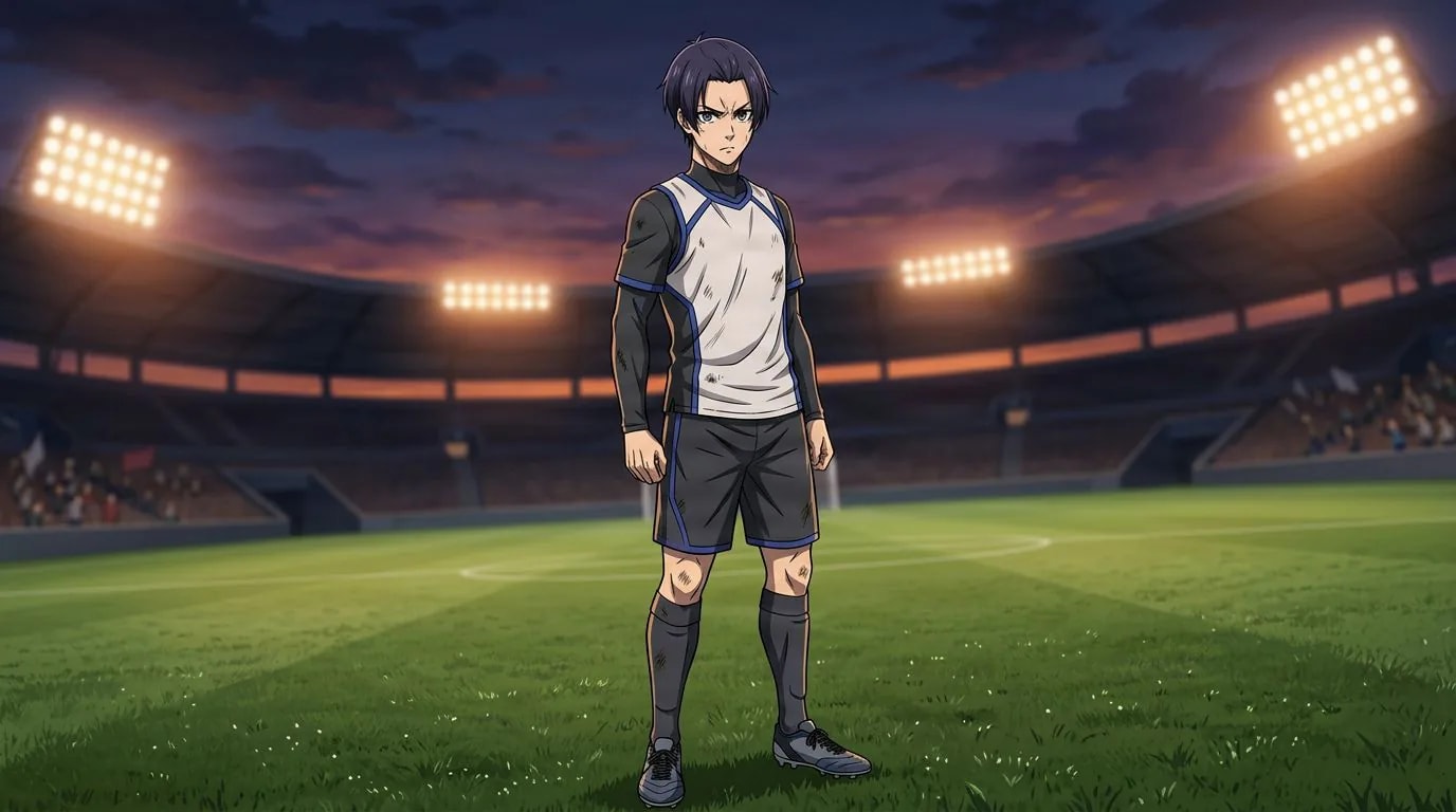 بورتريه بأسلوب الأنمي لشخصية Daiya Morinaga من بلو لوك، بتظليل خلوي، بأجواء كرة القدم