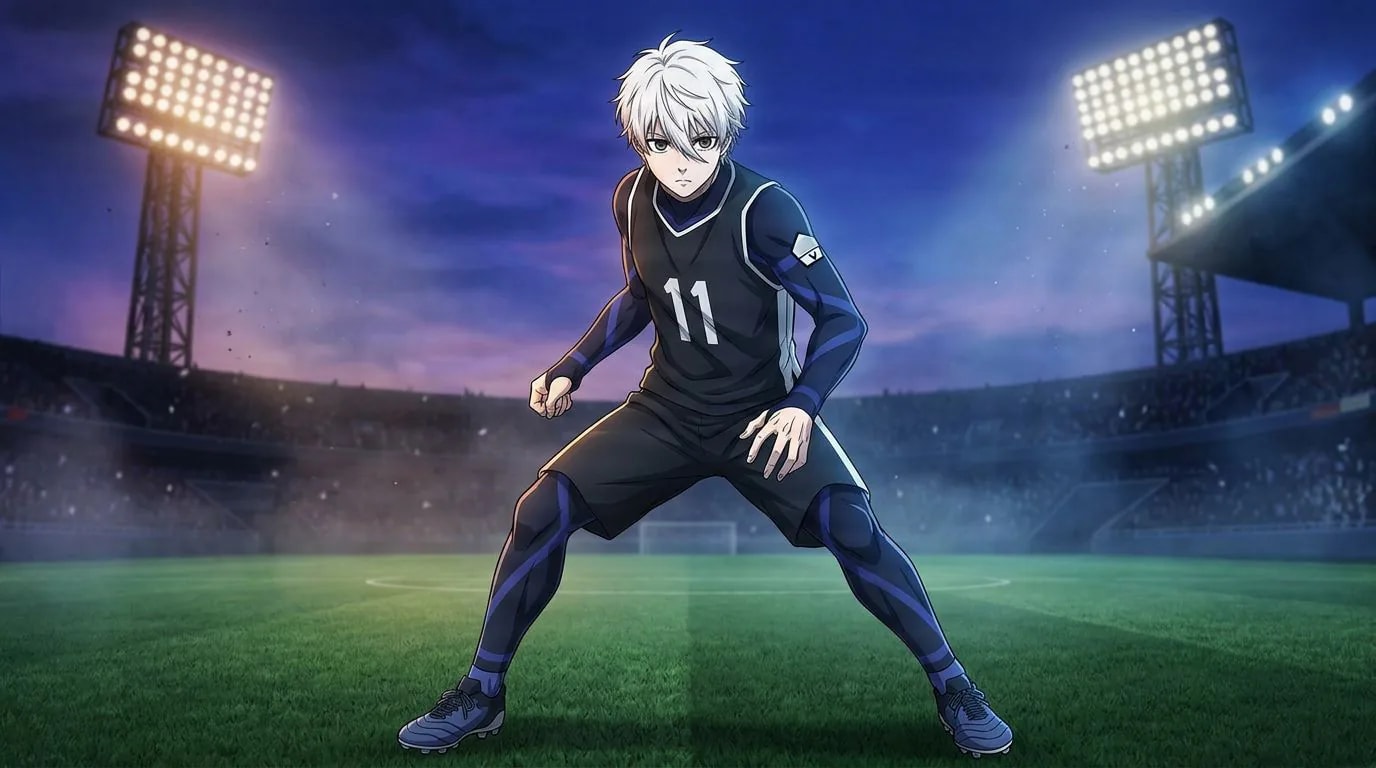 Anime-style portrait of Seishiro Nagi from Blue Lock, cel-shaded, soccer atmosphere
