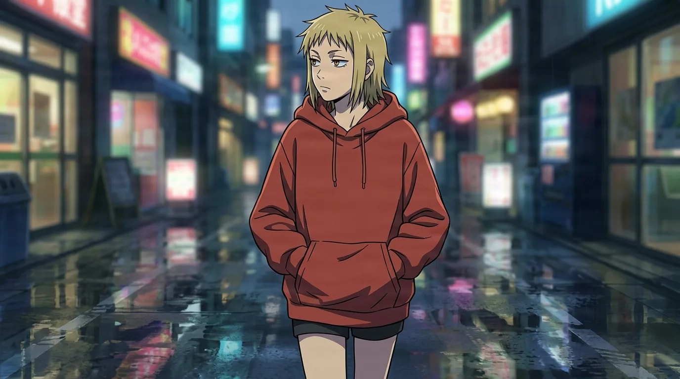 Akane Sawatari con una felpa rossa e pantaloncini neri cammina lungo una strada cittadina al neon bagnata dalla pioggia di notte con le mani in tasca, guardando di lato con un'espressione distaccata.