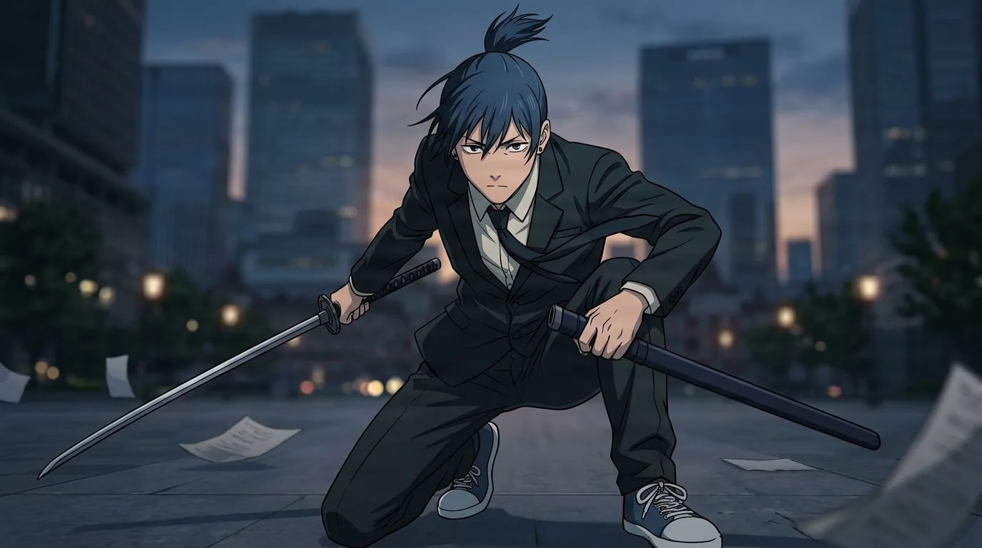 Aki Hayakawa in un abito nero accovacciato in una bassa posizione di combattimento mentre sguaina una spada, impugna una katana e il suo fodero, con lo skyline della città al tramonto alle sue spalle.