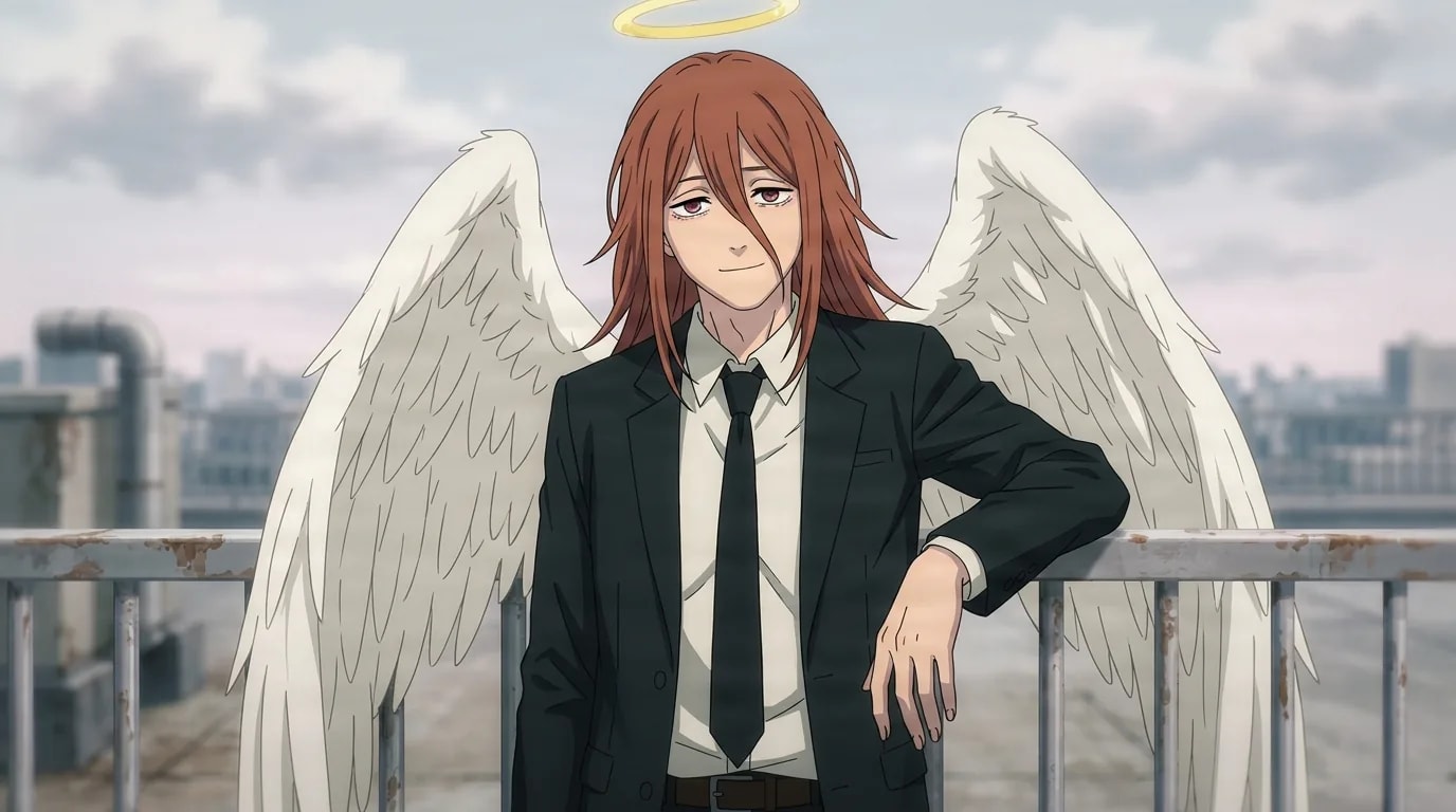 Angel Devil with a golden halo and large white feathered wings, wearing a black suit and tie, leaning against a rooftop railing with a faint tired smile.