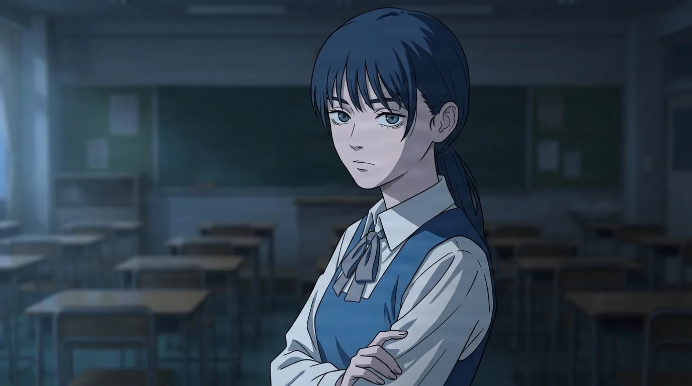 Asa Mitaka mengenakan seragam sekolah dengan pita dan pinafore biru, bersedekap, berdiri di ruang kelas kosong yang remang-remang sambil menatap ke arah penonton.