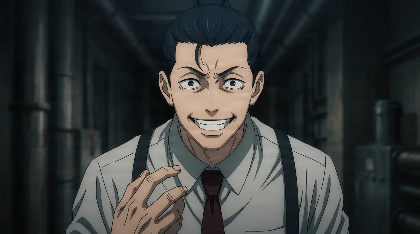 Barem Bridge grinning widely with a raised hand, wearing a white shirt, dark tie and suspenders, in a shadowy industrial corridor.