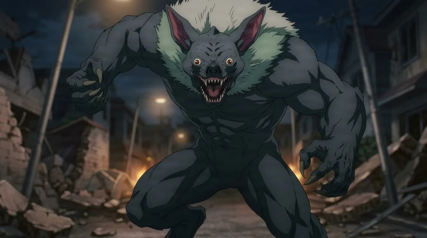 The Bat Devil, a hulking grey bat-like creature with huge ears and a fanged snarl, crouched in a wrecked night street with rubble around it.