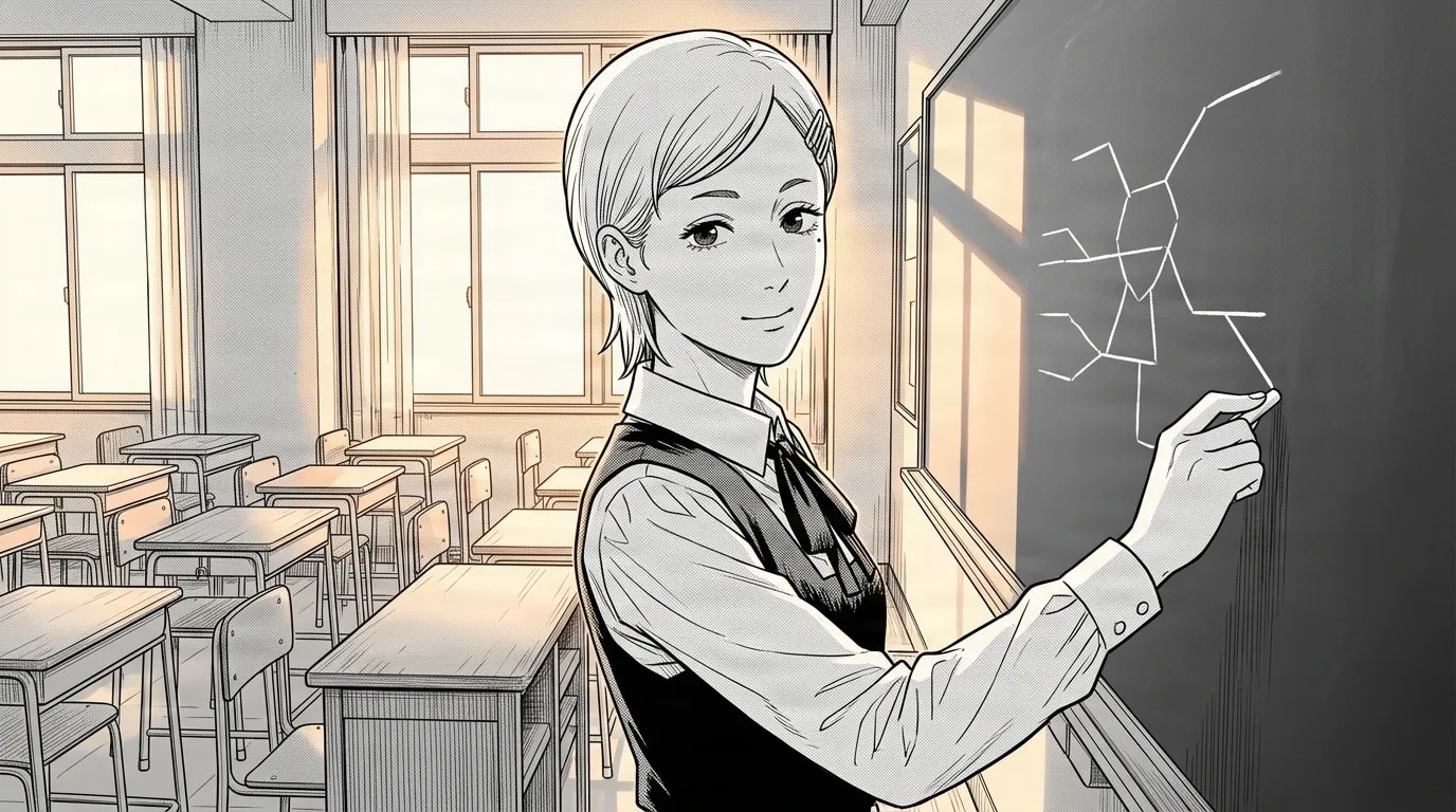 Kurzhaarige Klassensprecherin zeichnet im warmen Nachmittagslicht ein Chemie-Diagramm an die Tafel eines Klassenzimmers
