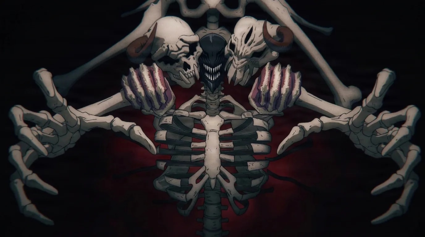 The Curse Devil, a towering skeletal figure with multiple horned skulls, a ribcage torso and long bony arms spread wide against a dark red void.