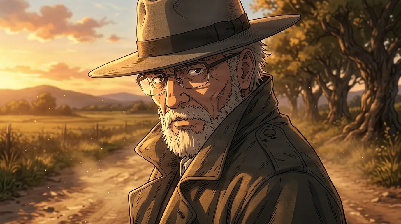 Elderly bearded man in glasses and a wide brimmed hat glancing over his shoulder on a dusty country road at sunset