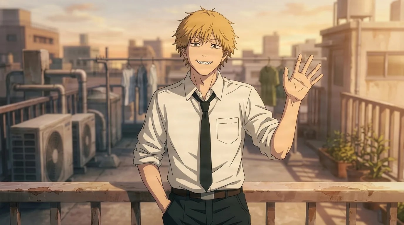 Denji with spiky blond hair and sharp teeth, wearing a white shirt and loose black tie, grinning and waving on a city rooftop at golden hour.