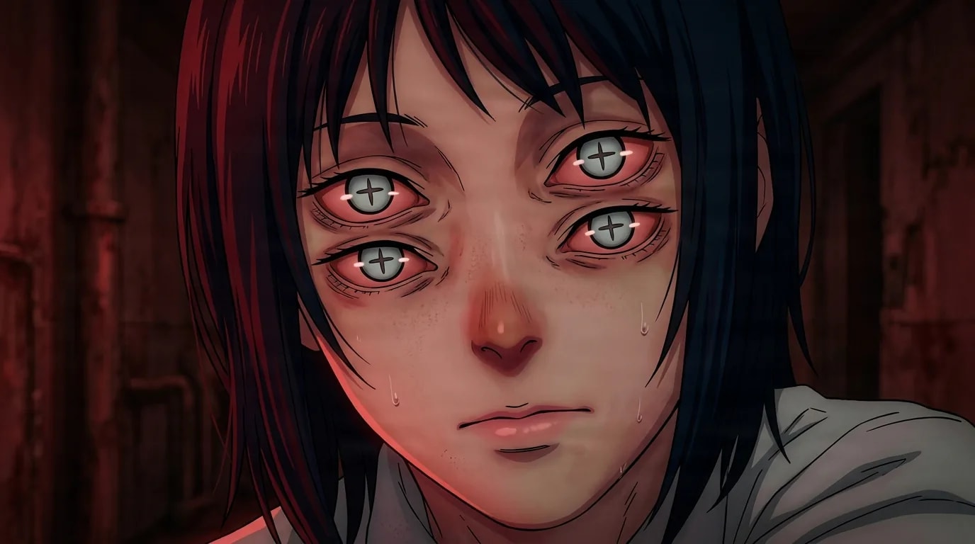 A dark haired girl with four glowing cross pupil eyes and tear streaked cheeks stares blankly in a red lit corridor.