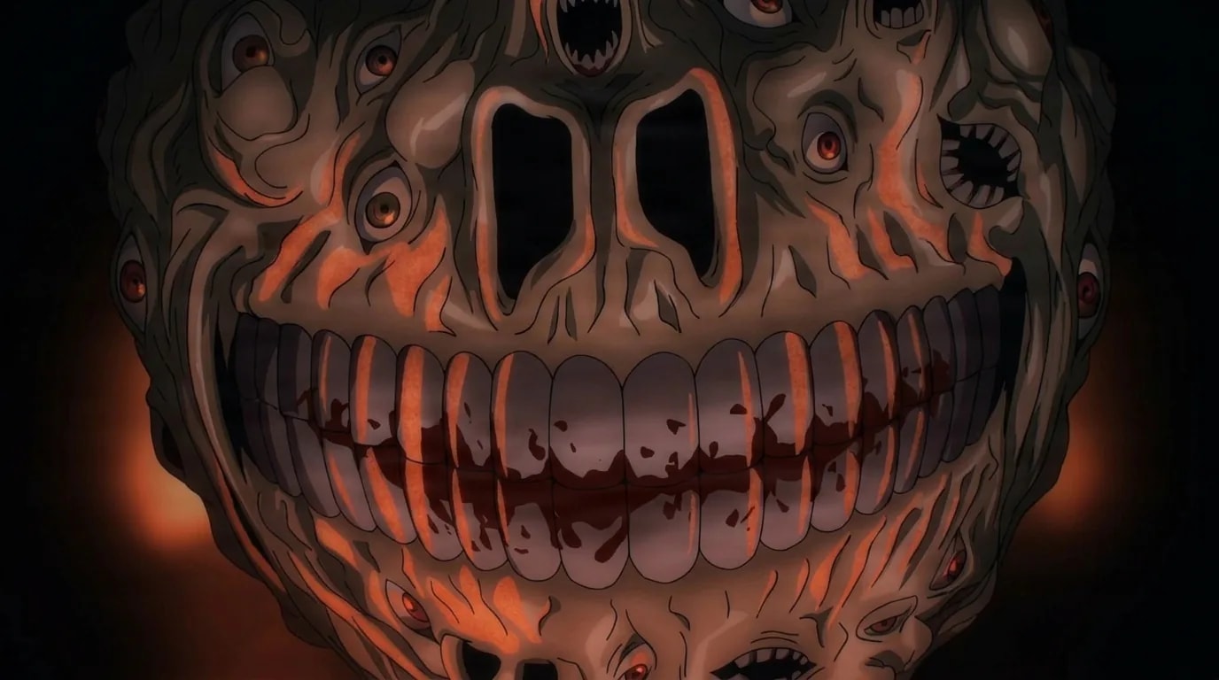 Der Ewigkeitsteufel, eine gewaltige fleischige Masse voller roter Augen, mit einem breiten Grinsen aus mahlenden Zähnen, in der Dunkelheit von orangefarbenem Licht angestrahlt.
