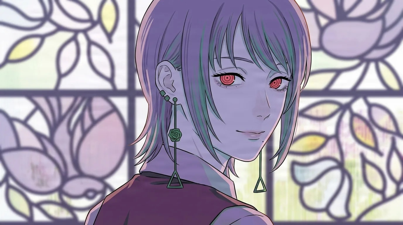 Fami, a young woman with short purple hair and glowing red spiral eyes, wearing long dangling triangular earrings, glancing back over her shoulder with a faint smile before a blurred stained-glass window.