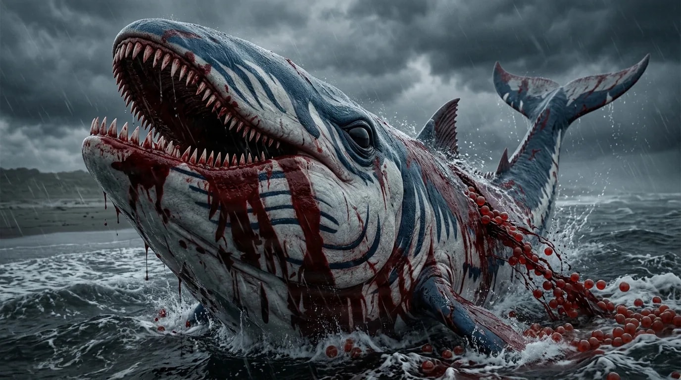 A colossal blood streaked shark like fish beast with rows of jagged teeth lunges from a stormy grey sea under dark clouds.