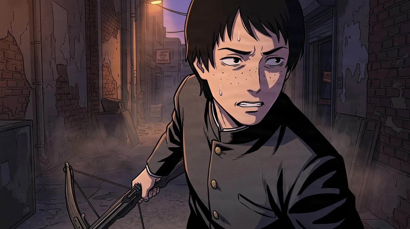 Anime-Szene eines dunkelhaarigen jungen Mannes mit Sommersprossen, zusammengebissenen Zähnen und nervös schwitzendem Gesicht, der in einer schmuddeligen Backsteingasse in der Abenddämmerung eine Armbrust tief an seiner Seite umklammert, beleuchtet von einem leuchtenden Ramen-Schild.