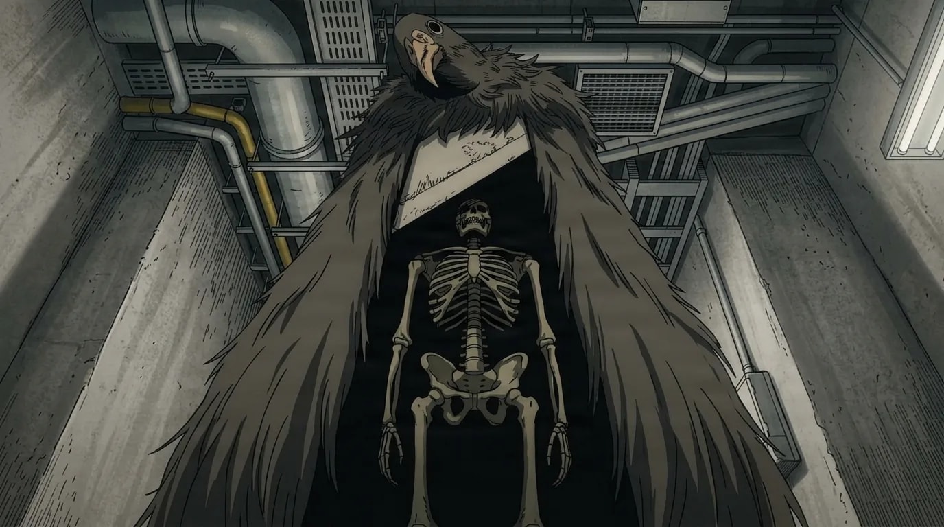 Scène d'anime vue d'en bas d'une immense créature au pelage hirsute avec une tête à bec, sa cape s'écartant pour révéler un squelette humain complet à l'intérieur, debout dans un couloir industriel en béton bordé de tuyaux.