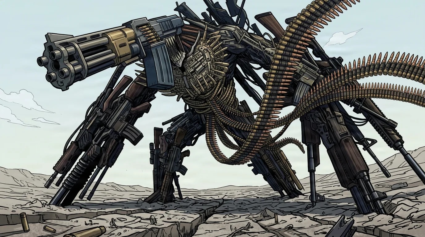 Anime scene of a hulking beast built entirely from rifles, gun barrels and belts of ammunition, crouched on a cracked desert plain under a pale sky with spent shell casings scattered around.