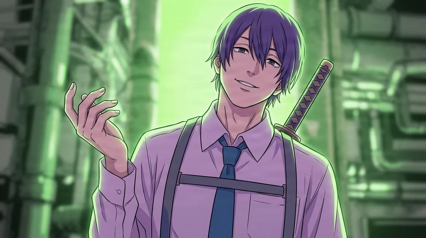 Hirofumi Yoshida, a young man with purple hair in a white shirt with suspenders and a blue tie, a sheathed katana over his shoulder, one hand raised, against a green-lit industrial pipe backdrop.