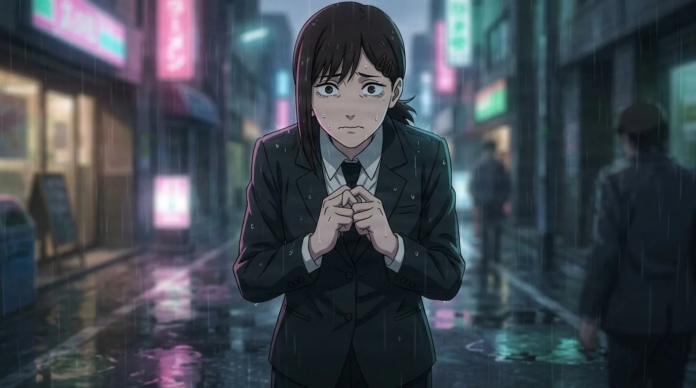 Kobeni Higashiyama stands hunched on a rain-soaked neon city street at dusk, hands clutched anxiously to her chest, wide frightened eyes and a trembling worried frown.