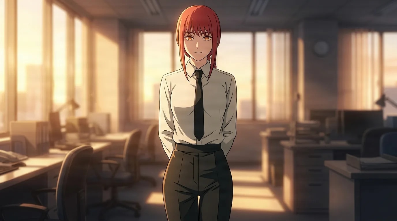 Makima stands in a sunlit office at golden hour, red hair and ringed yellow eyes, white shirt and black tie, hands clasped behind her back with a serene composed smile.